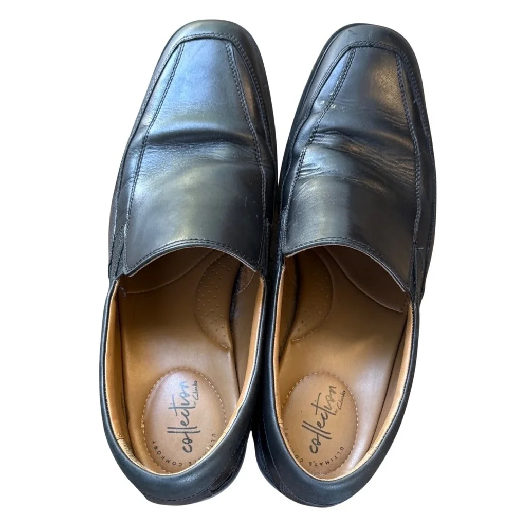 Clarks Collection Loafers Mens 10.5 Black Good Leather Square Toe Slip On Shoes